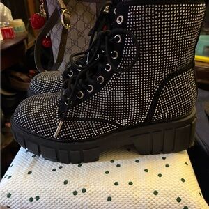 Steve Madden Black and Silver Studded Combat Boots